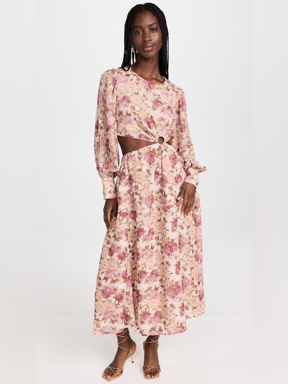 En Saison - Lissandra Pink & Beige Floral Asymmetrical Cutout Maxi Dress